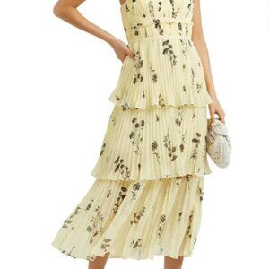 Self Portrait Size 2 Women's Yellow Floral Silhouette Tiered Midi Dress